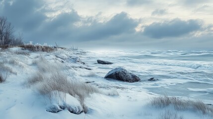 Winter coastal landscape with snow-covered beach, rocky shoreline, and dramatic cloudy sky over the serene ocean waves.