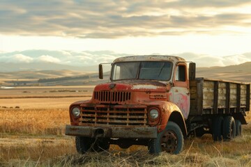 Old red rusty truck is slowly returning to the soil on a farm