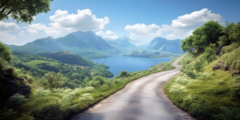 Fototapeta premium Winding road leads to scenic mountain lake view.