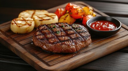 Grilled beef steak with pepper sauce served with vegetables and polenta on a wooden cutting board rustic presentation