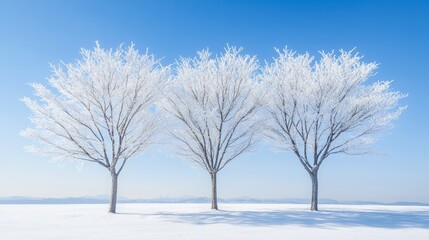 A tranquil winter landscape, cloaked in snow, features bare trees against a serene backdrop.