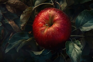 Ripe red apple with water drops is hanging on a branch surrounded by leaves