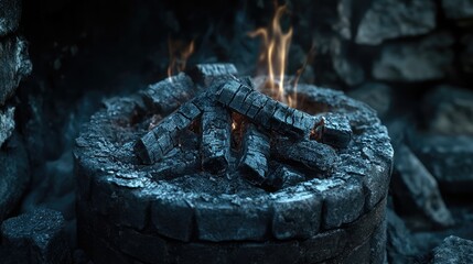 Burning charcoal in rustic stove for traditional cooking outdoors in ancient kitchen setting with stone walls and flickering flames