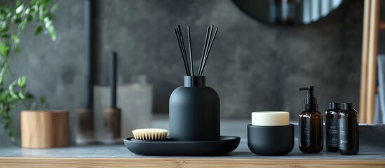 Stylish black bathroom accessory set including soap dispenser and aroma diffuser for a sophisticated and modern decor enhancement