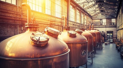 A modern industrial brewery featuring large copper tanks and sleek architectural design.