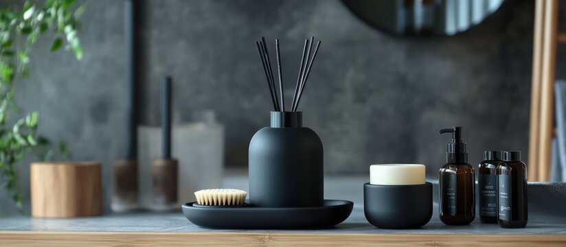 Stylish black bathroom accessory set including soap dispenser and aroma diffuser for a sophisticated and modern decor enhancement