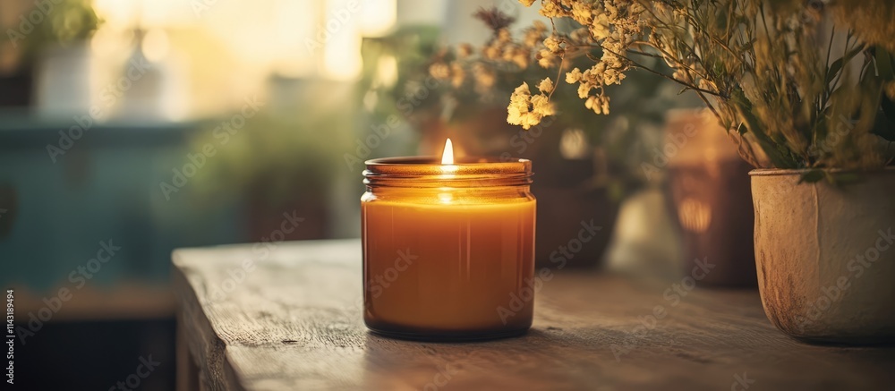 Aufkleber elegant candle in a jar with a rustic wooden wick adorned on a table enhancing the warmth of a bohem
