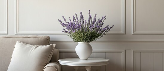 Fresh lavender sprigs in a white vase on a side table creating a serene accent in a minimalist interior with a neutral wall backdrop