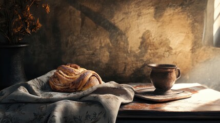 Rustic cinnamon rolls on a wooden table with ceramic cup and soft cloth inviting warm and cozy atmosphere in a vintage setting