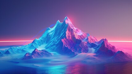 Breathtaking and otherworldly mountain landscape with a towering jagged peak covered in shimmering ice and snow bathed in a vibrant gradient of surreal dreamlike colors against a moody