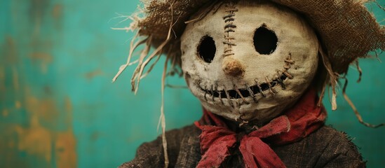 Close up of a rustic scarecrow with a straw hat and stitched features set against a vibrant green backdrop in a farm environment.