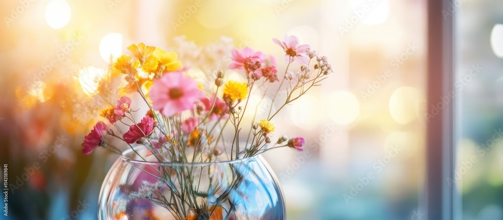 Poster glass vase with colorful flowers illuminated by sunlight creating a warm and inviting atmosphere nea
