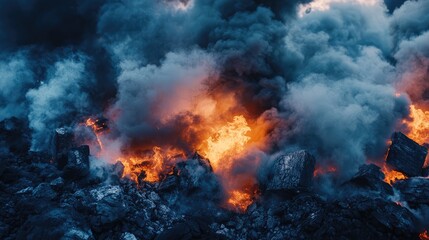 Burning coal generating smoke and pollution, highlighting environmental impact and energy production challenges in modern industry