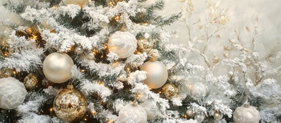 Fototapeta premium Elegant Christmas tree featuring snowy decorations and metallic ornaments ideal for creating a festive holiday atmosphere.