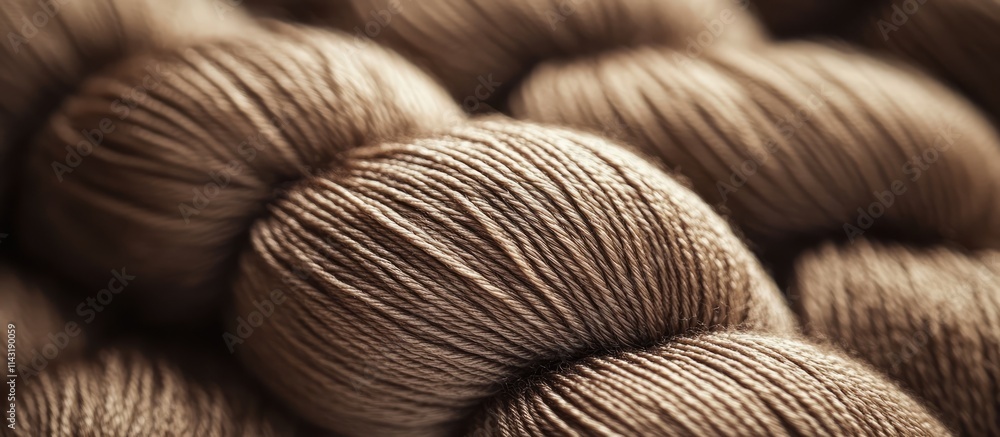 Poster closeup of soft mocha color yarn skeins arranged in an inviting and textured composition for craftin