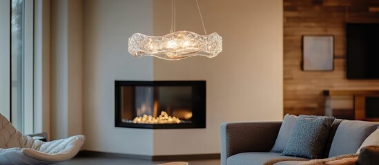 Modern living room featuring an elegant crystal chandelier that enhances sophistication and ambiance in a cozy, stylish setting