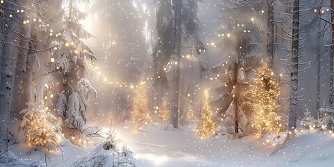 A peaceful snowy forest glade where silver and gold-colored trees shimmer under the soft light, creating a magical winter scene of tranquility and beauty in the heart of nature