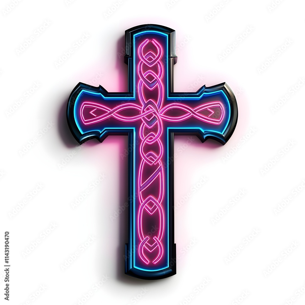 Poster neon cross with intricate patterns in vibrant colors