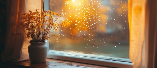 Cozy autumn scene with closed window sheer curtains displaying raindrops and warm ambient light creating a serene atmosphere