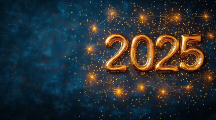 Shiny gold balloons with numbers marking the new year 2025, set against a festive backdrop.