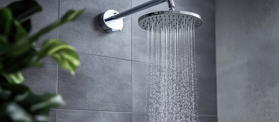 Sleek chrome shower head in a modern bathroom with grey tiled walls and stylish interior design elements
