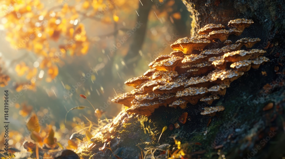Poster honey fungus clumps on a rotting tree illuminated by autumn sunlight creating a serene forest atmosp