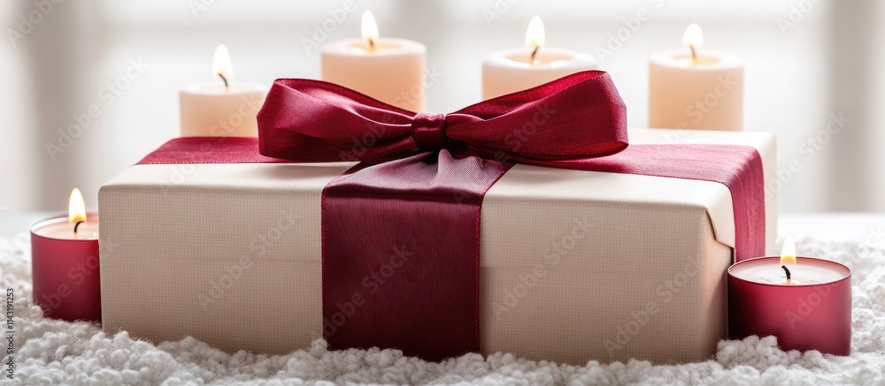 Poster elegant gift box with a red ribbon and candles on a soft surface creating a serene mood perfect for 
