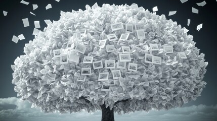 A surreal tree adorned with numerous empty frames on its branches stands in a foggy landscape.