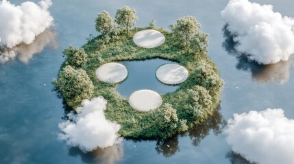 An enchanting floating island covered in a lush forest and featuring serene lakes, all set against a sky of fluffy clouds.