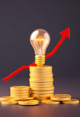 Rising energy cost concept. Light bulb on top of a stack of gold coins and red arrow. 3D Rendering, one line art, with white tones