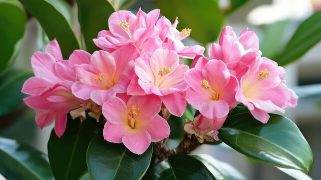 Pink blossoms of Clusia rosea with green leaves in a vibrant botanical setting showcasing the beauty of tropical flora.