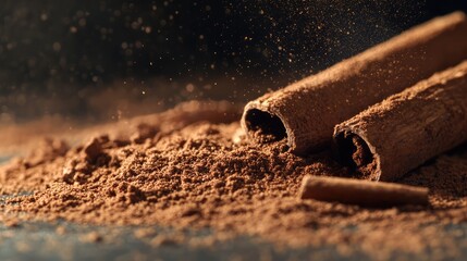 Cinnamon sticks and ground coffee on textured surface with soft lighting and dust particles creating an inviting and rich atmosphere