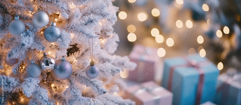 Poster white christmas tree with ornaments and colorful gift boxes surrounded by shimmering bokeh lights cr