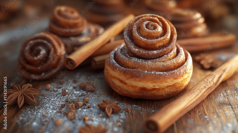 Poster cinnamon rolls elegantly displayed with cinnamon sticks and spices on a rustic wooden background cre