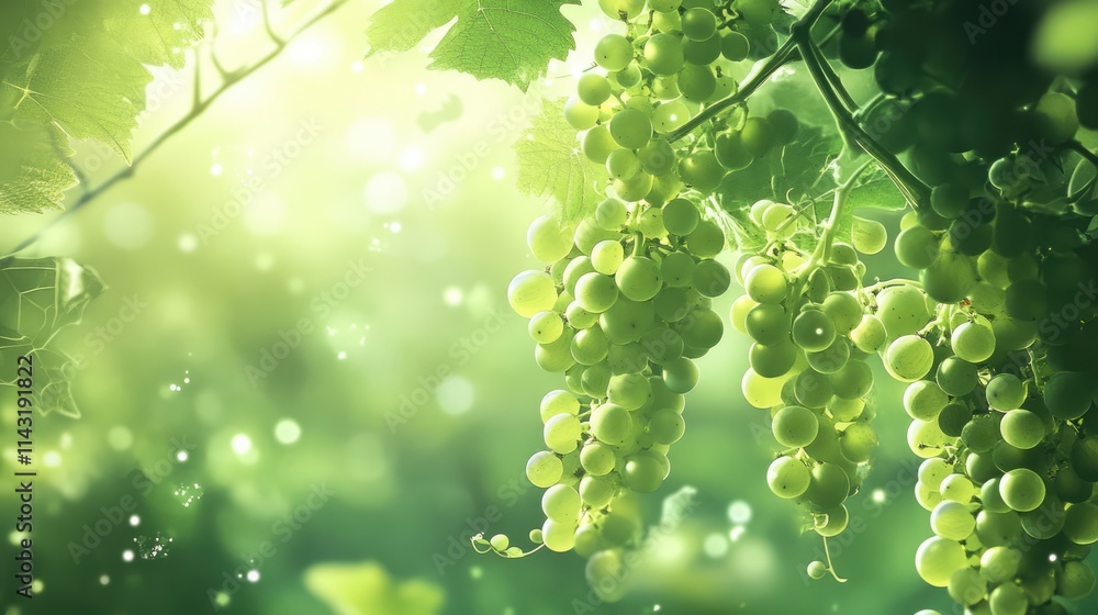 Poster lush green grape clusters hanging in a vibrant garden setting with soft sunlight and sparkling bokeh