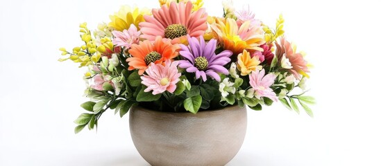 Colorful artificial flower arrangement in small pot for elegant home or office decorative centerpiece
