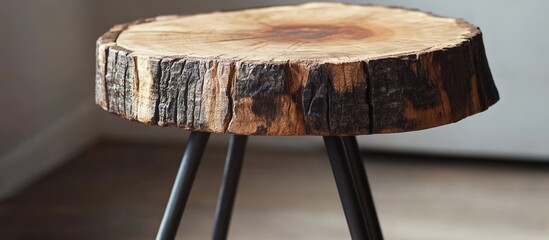 Rustic three legged wooden stool with steel legs showcasing unique design for home decor and furniture aesthetics