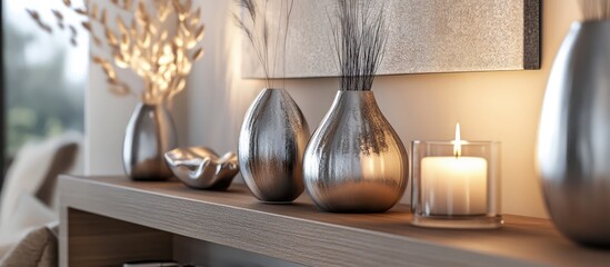 Elegant wooden shelf displaying silver vases abstract art and candles creating a serene and stylish interior decor ambiance