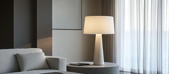 Minimalist white lamp with fabric shade enhancing modern interior decor in bright living space with soft furnishings and natural light.