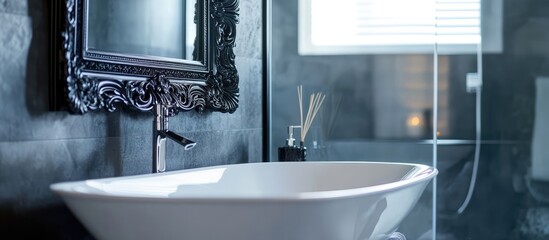 Fototapeta premium Large ornate black mirror reflecting light in a modern bathroom with a stylish bathtub and sleek design elements.