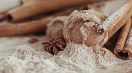 Cinnamon ice cream scoops with ground spice and cinnamon sticks on a rustic background for a sweet dessert concept