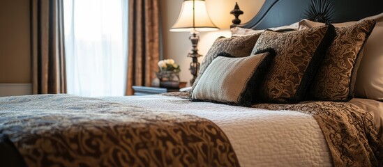 Luxury bedding set with intricate designs and premium fabrics creating a cozy sophisticated bedroom ambiance for elegant decor.