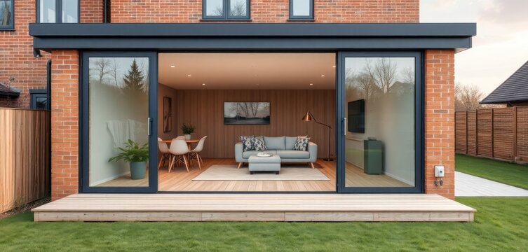 Modern house extension with large glass doors. Open plan living area with sofa, dining table, wooden flooring visible through doors. Exterior of brick house, wooden decking. Contemporary design. UK