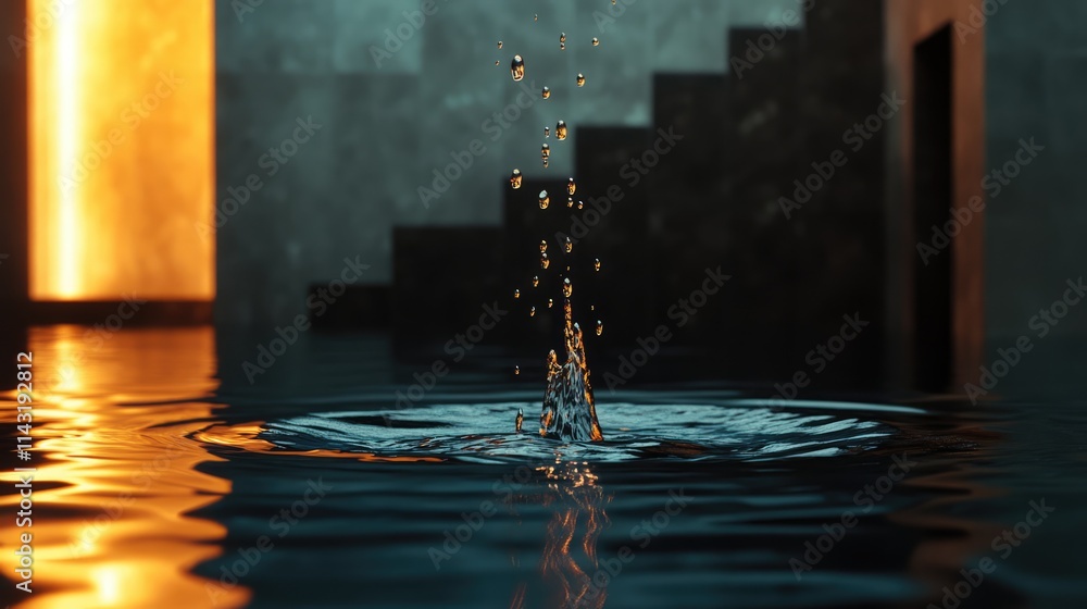 Poster Graceful water drop creating ripples in a serene pool with softly illuminated surroundings and stone steps in the background.