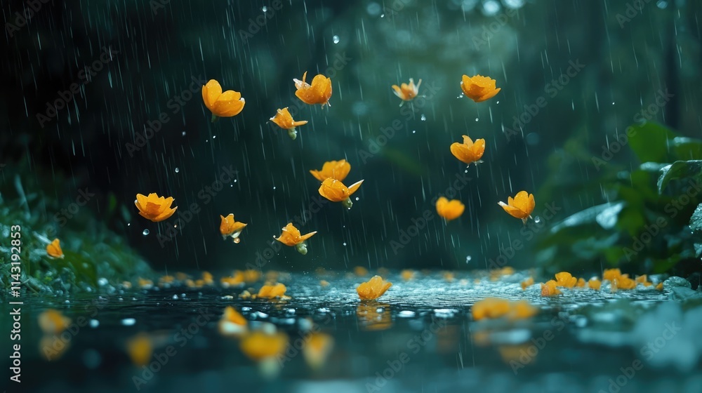 Poster falling yellow blossoms in a serene rain-soaked environment with reflections in calm water creating 