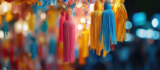 Vibrant colorful cloth decorations glowing in the night market highlighting local craftsmanship and cultural vibrancy