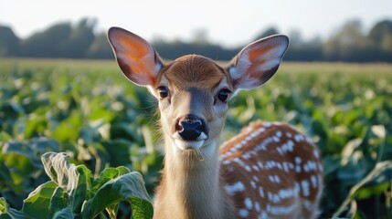 Fallow deer grazing in lush green crops on a bright sunny day in a serene agricultural landscape