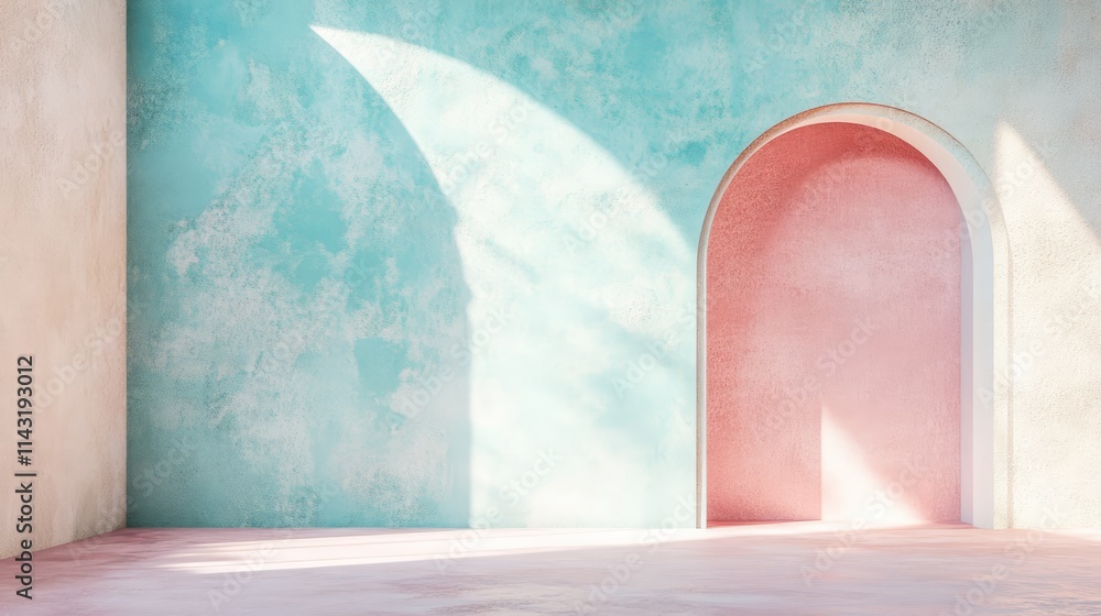 Poster pastel colored architectural space featuring an arched opening with soft shadows and a textured plas