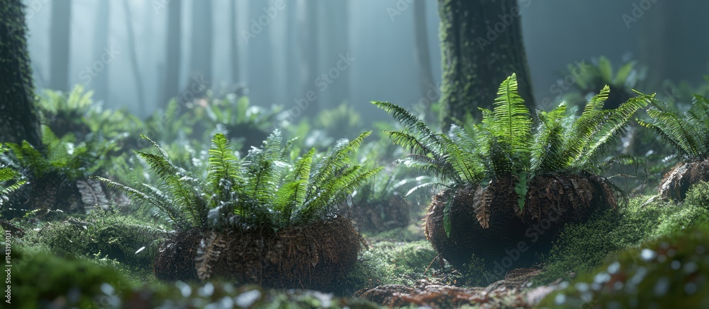 Poster lush ferns thriving in a serene forest landscape with mist creating an ethereal atmosphere among anc