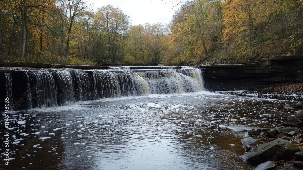 Poster tranquil waterfall cascading into a serene stream surrounded by autumn foliage in a peaceful forest 